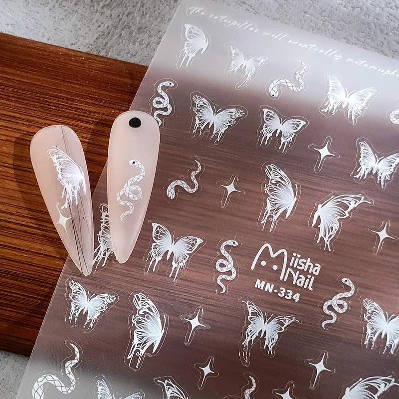 White Butterfly Nail Art Stickers Adhesive Slider Snake Sticker Decals MN333