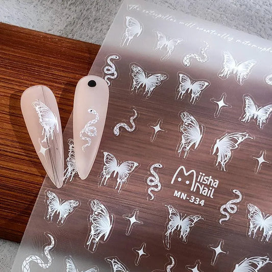White Butterfly Nail Art Stickers Adhesive Slider Snake Sticker Decals MN333