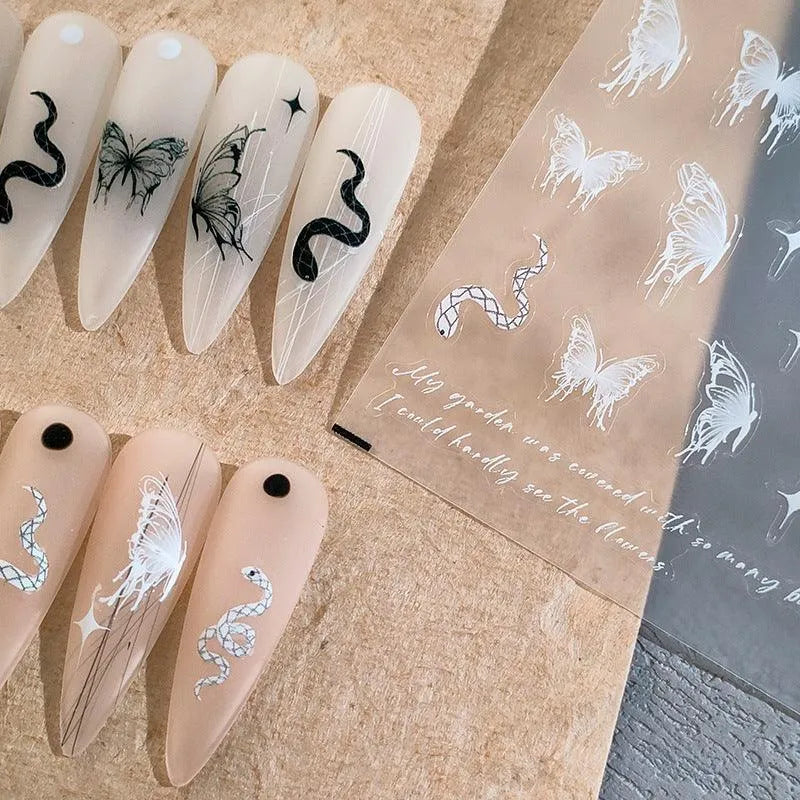 White Butterfly Nail Art Stickers Adhesive Slider Snake Sticker Decals MN333