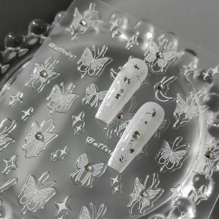 White Butterfly Nail Art Stickers With Pearls Swan Adhesive Sticker Decals TL134