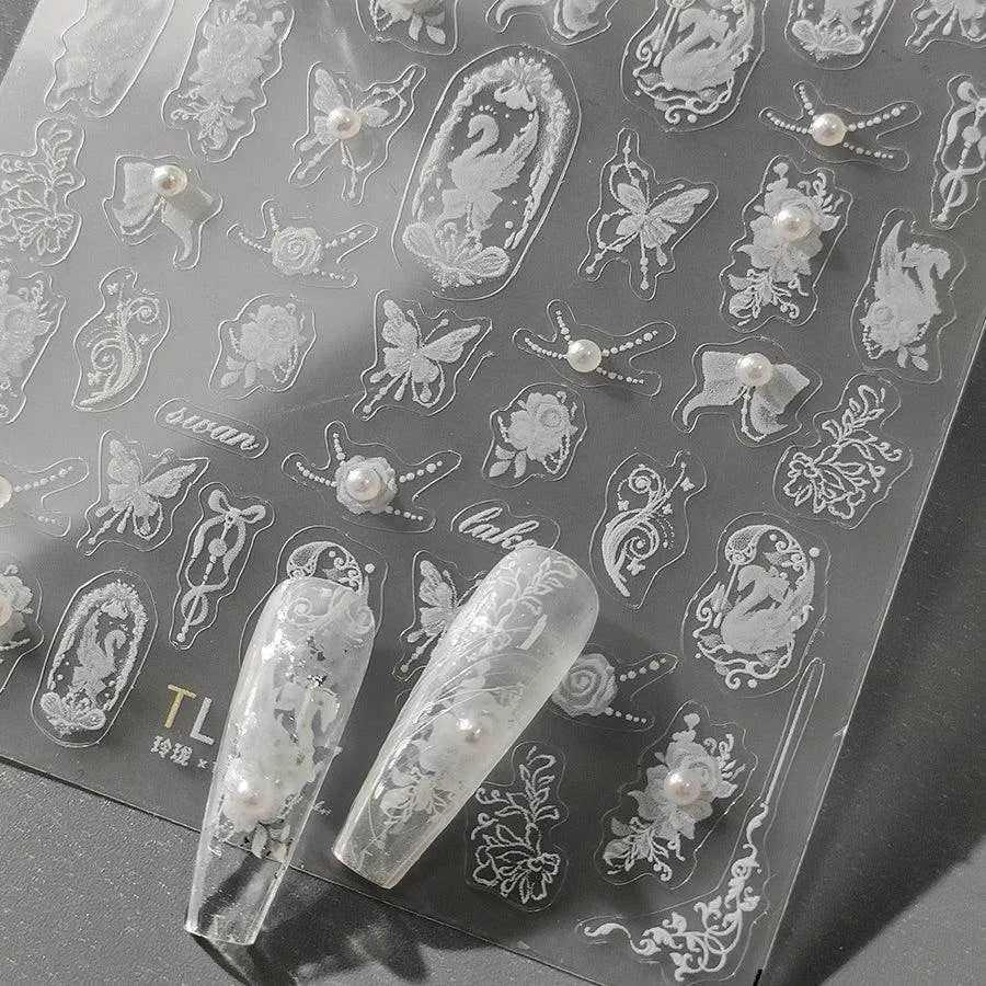 White Butterfly Nail Art Stickers With Pearls Swan Adhesive Sticker Decals TL134