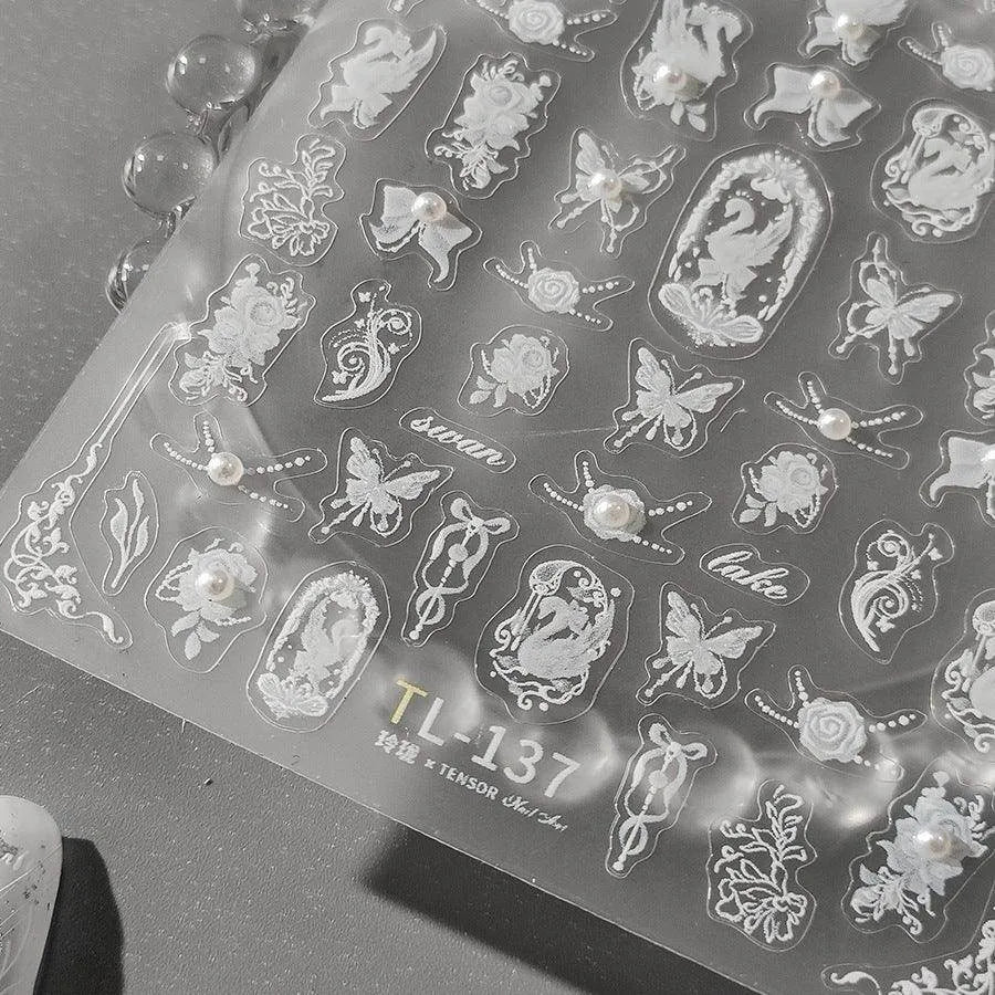 White Butterfly Nail Art Stickers With Pearls Swan Adhesive Sticker Decals TL134
