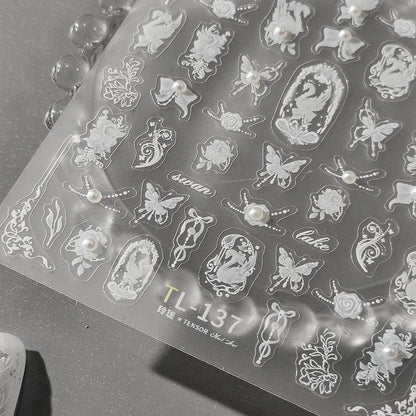 White Butterfly Nail Art Stickers With Pearls Swan Adhesive Sticker Decals TL134