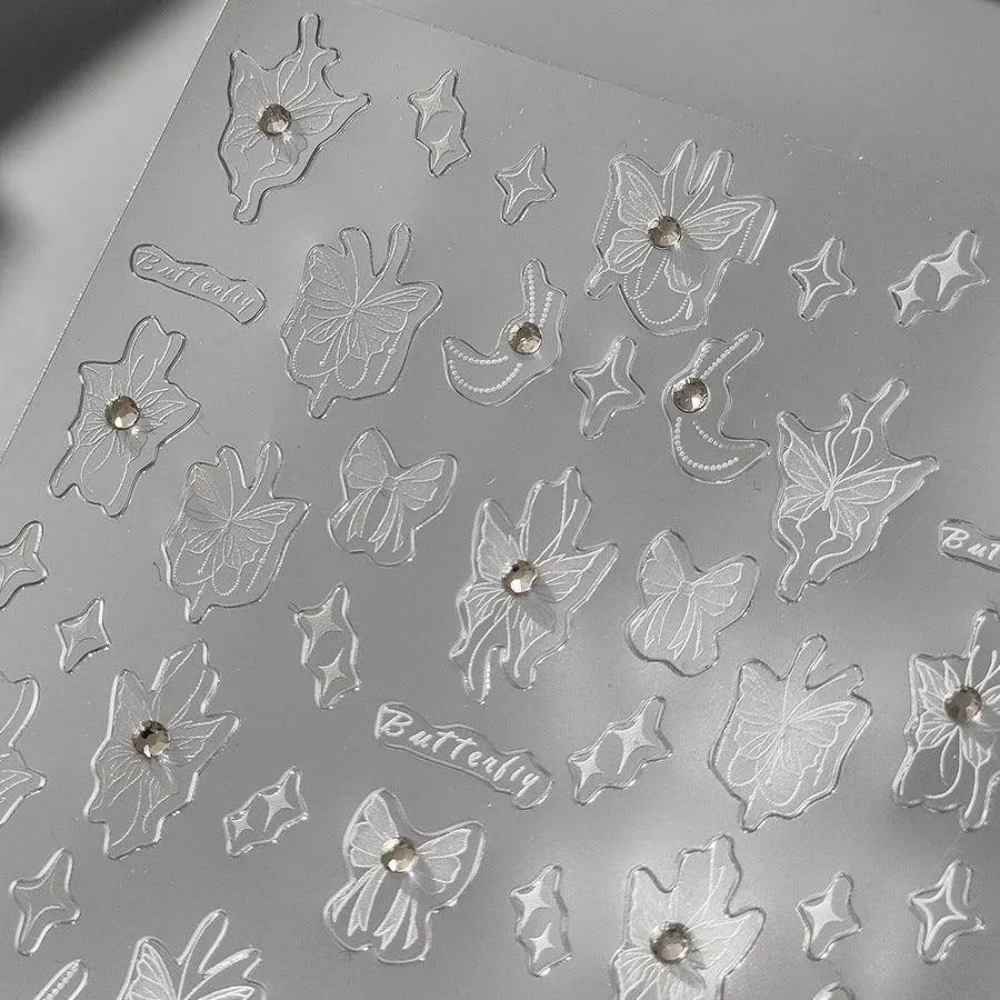 White Butterfly Nail Art Stickers With Pearls Swan Adhesive Sticker Decals TL134