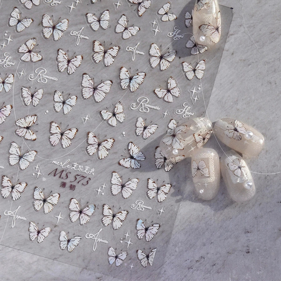 White Butterfly Nail Sticker 3D Adhesive Decals MS570