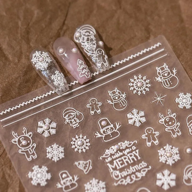 White Christmas Nail Art Stickers 3D Adhesive Slider Xmas Snowman with Beads Sticker Decals TL084
