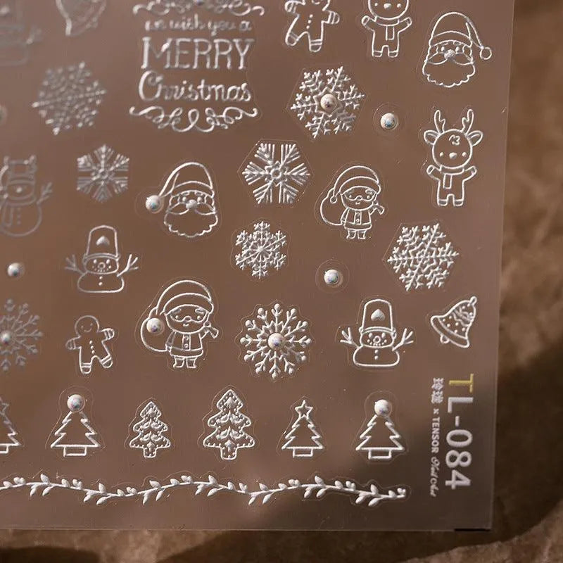 White Christmas Nail Art Stickers 3D Adhesive Slider Xmas Snowman with Beads Sticker Decals TL084