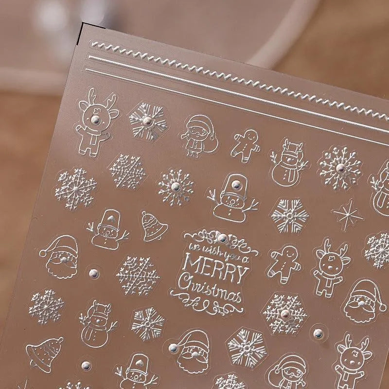 White Christmas Nail Art Stickers 3D Adhesive Slider Xmas Snowman with Beads Sticker Decals TL084