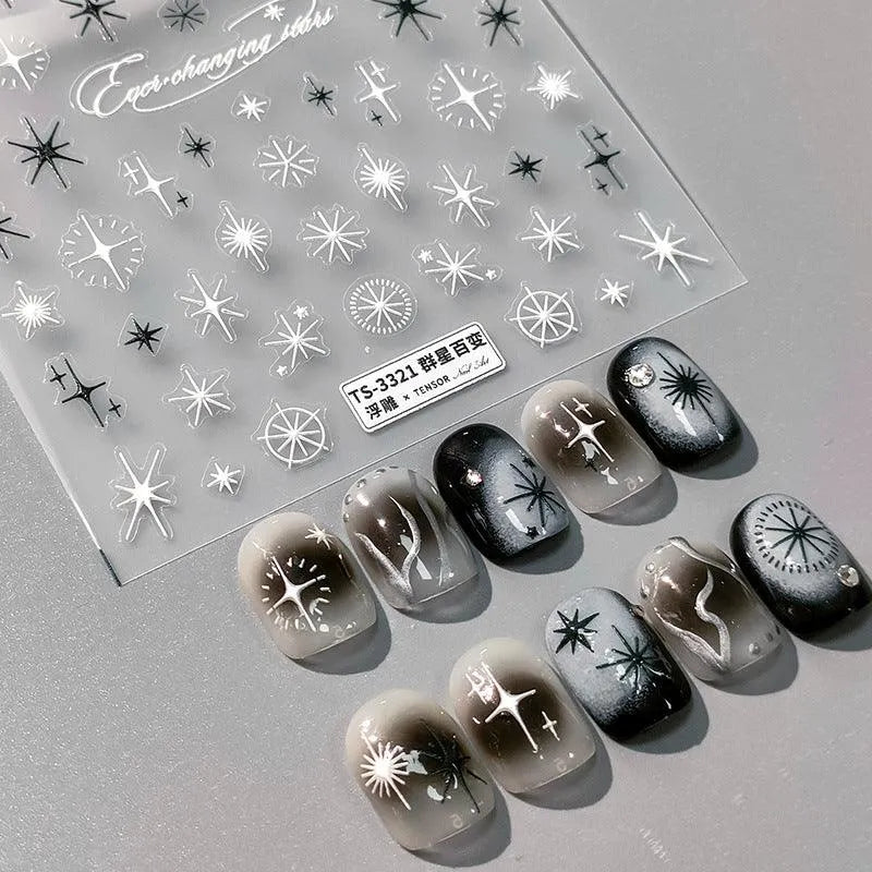White Cross Star Nail Art Stickers Adhesive Sliders Black Stars Sticker Decals TS3320