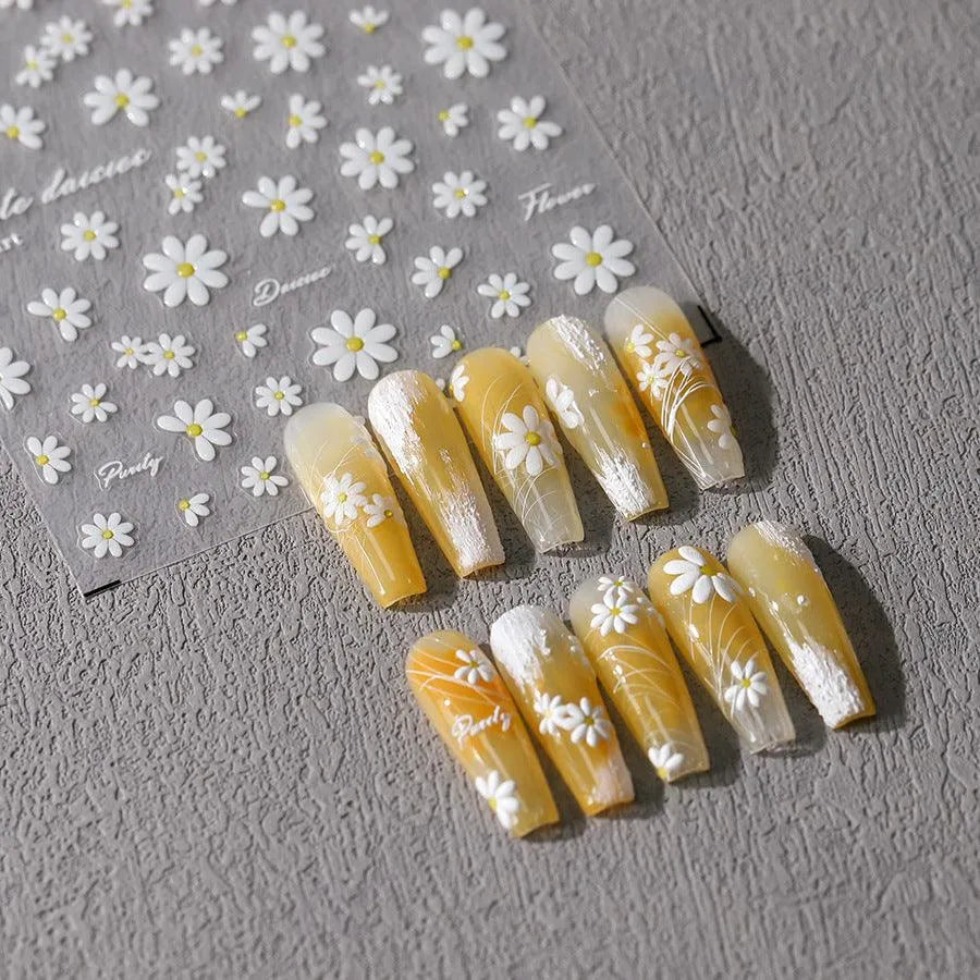 White Daisy Flower Nail Art Stickers 3D Adhesive Slider Daisy Floral Sticker Decals TS3595
