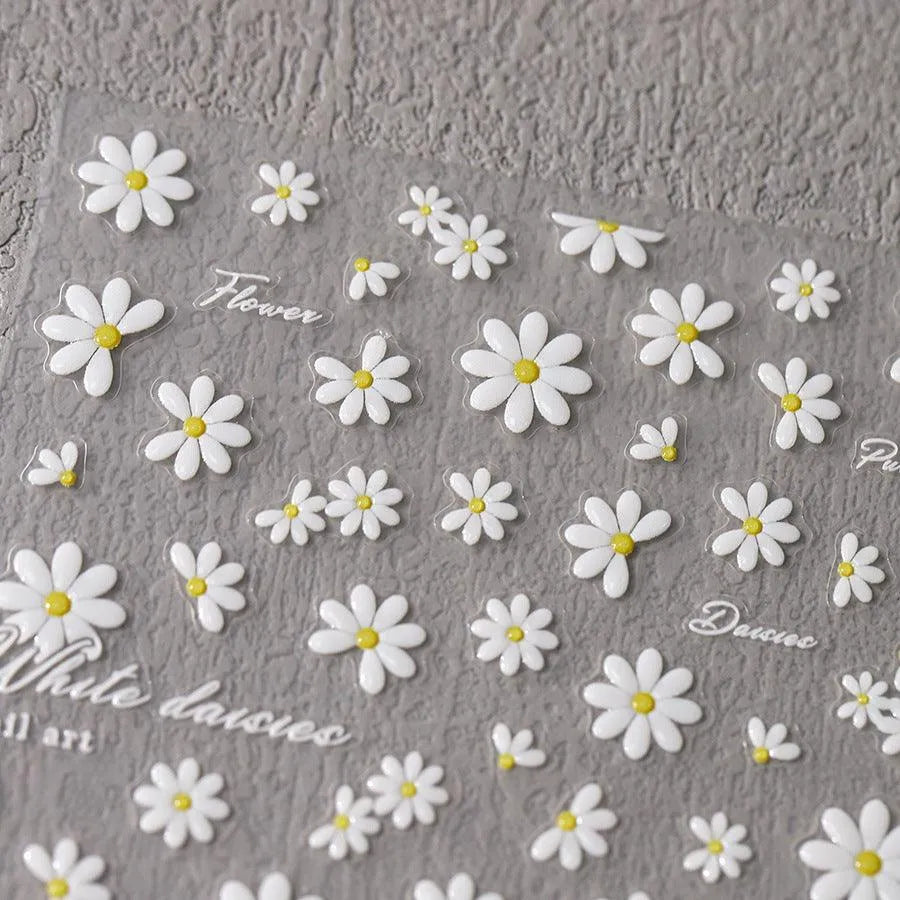 White Daisy Flower Nail Art Stickers 3D Adhesive Slider Daisy Floral Sticker Decals TS3595