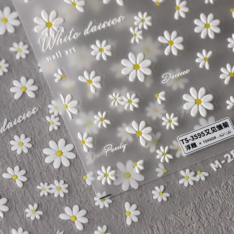 White Daisy Flower Nail Art Stickers 3D Adhesive Slider Daisy Floral Sticker Decals TS3595