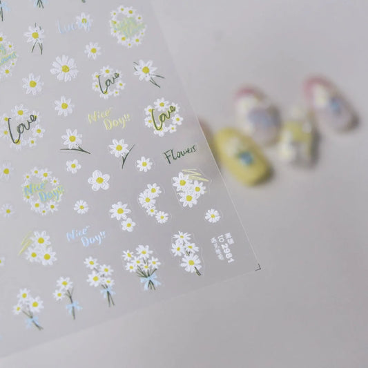 White Daisy Nail Art Stickers Adhesive Embossed Wild Flowers Sticker Decals to2931