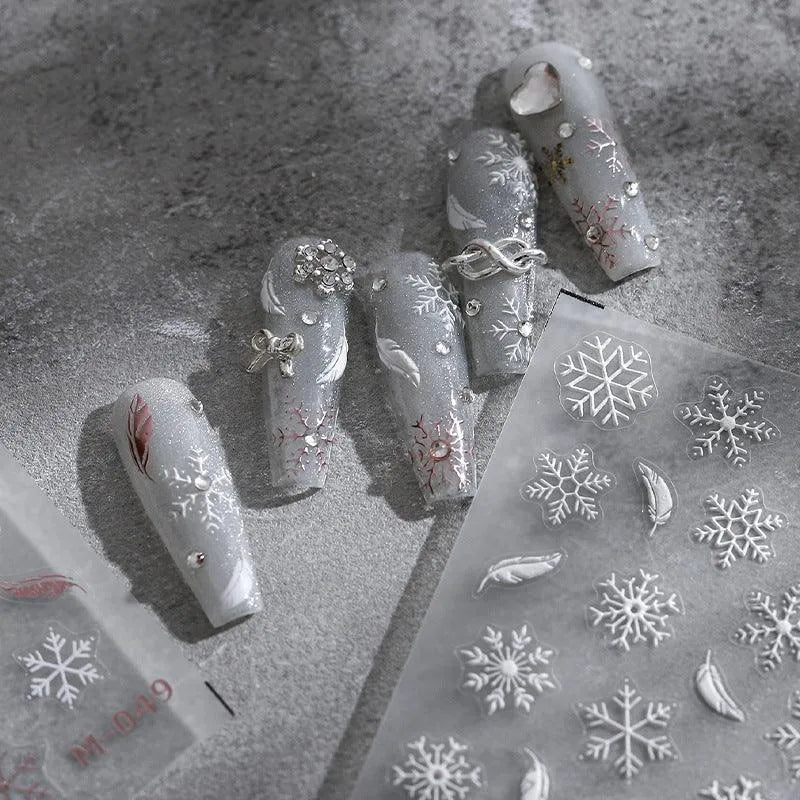 White Feather Nail Art Stickers 3D Snowflake Adhesive Slider Sticker Decals TS1954