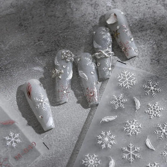 White Feather Nail Art Stickers 3D Snowflake Adhesive Slider Sticker Decals TS1954