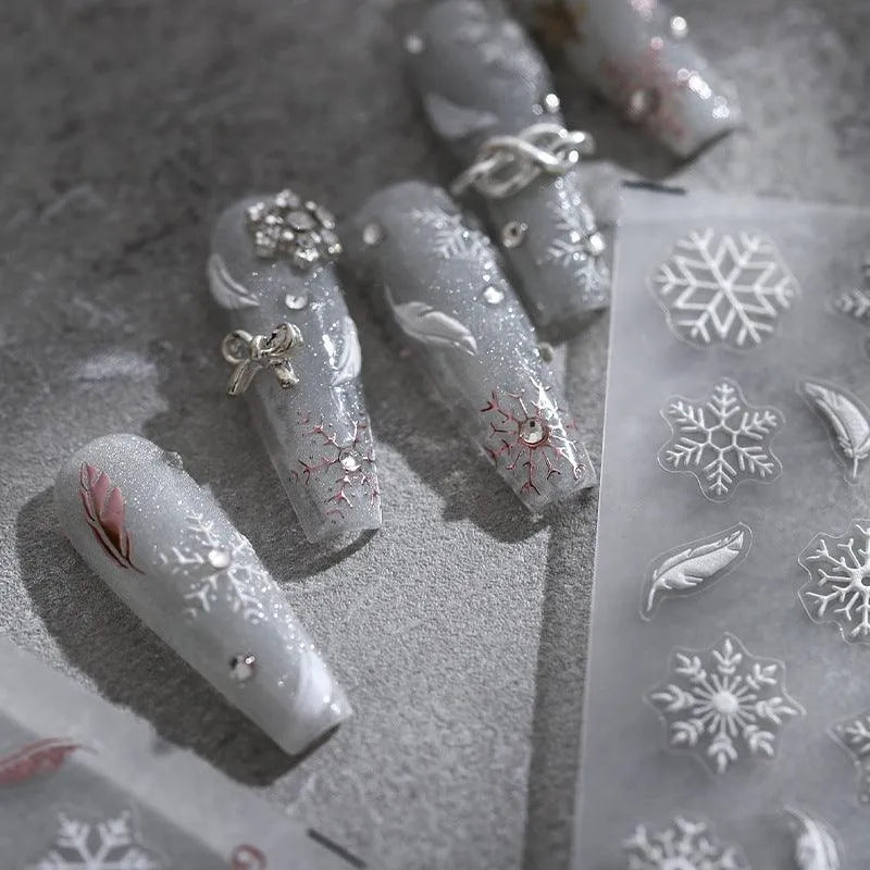 White Feather Nail Art Stickers 3D Snowflake Adhesive Slider Sticker Decals TS1954