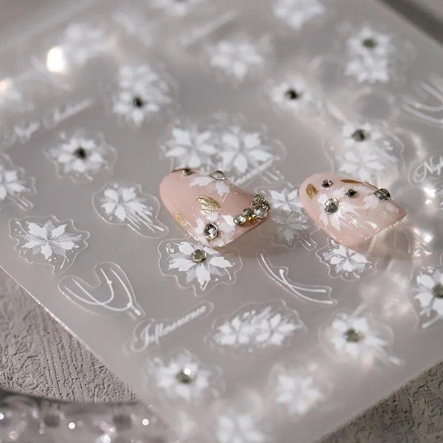 White Floral Nail Art Stickers Adhesive Embossed Flower with Rhinestones Sticker Decals TL122