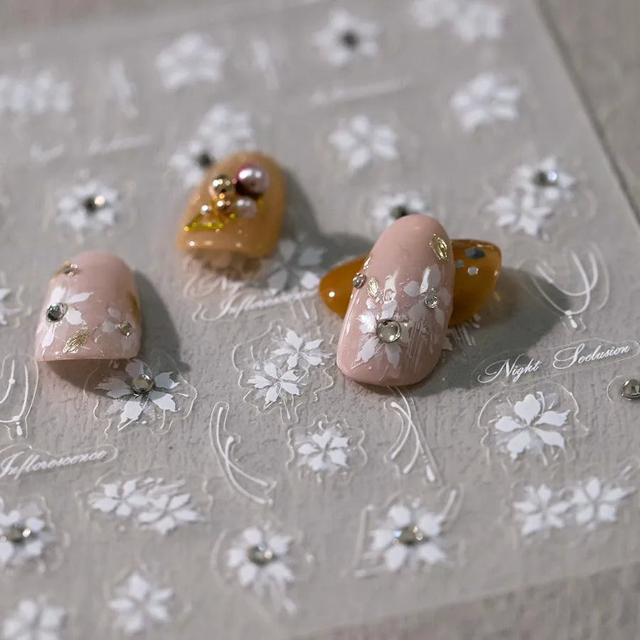 White Floral Nail Art Stickers Adhesive Embossed Flower with Rhinestones Sticker Decals TL122