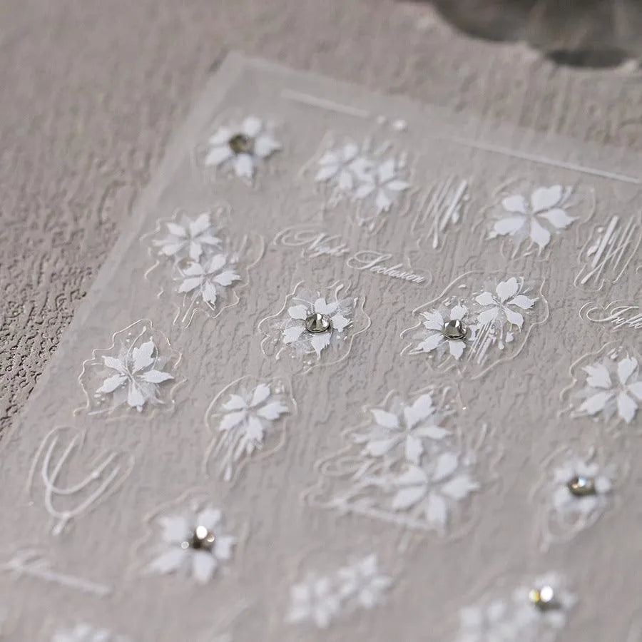 White Floral Nail Art Stickers Adhesive Embossed Flower with Rhinestones Sticker Decals TL122