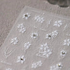 White Floral Nail Art Stickers Adhesive Embossed Flower with Rhinestones Sticker Decals TL122