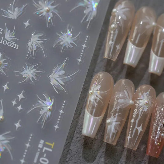 White Floral Nail Art Stickers Adhesive Sliders Blossoming Flowers With Pearls Sticker Decals TL092