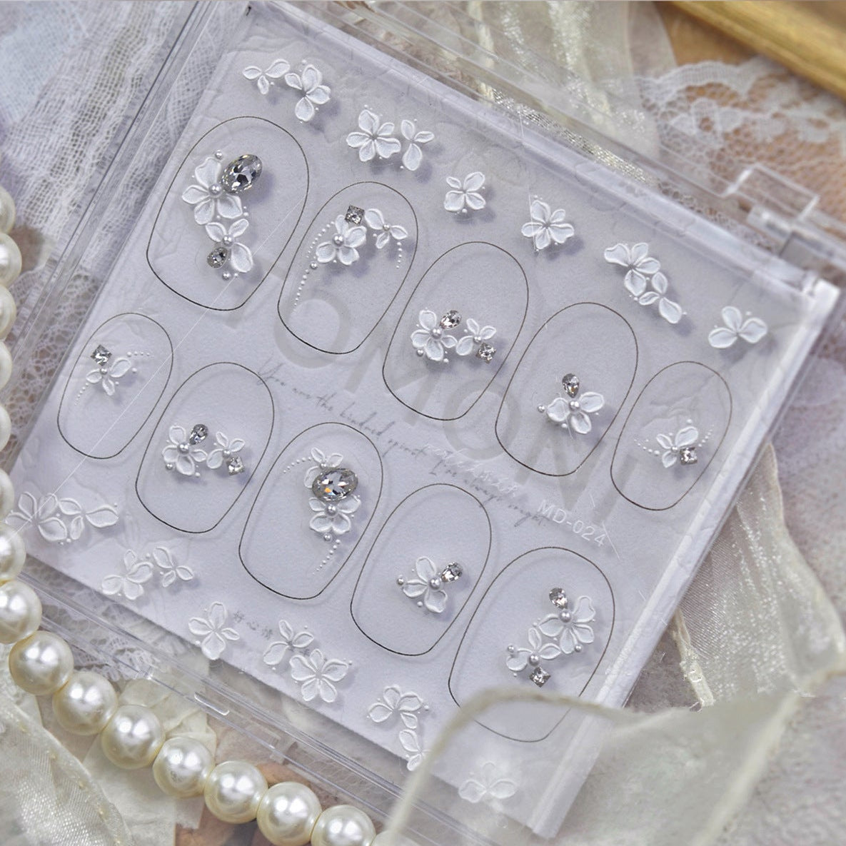 White Floral Rhinestone Nail Stickers – Pre-Arranged Self-Adhesive Nail Gems MD024
