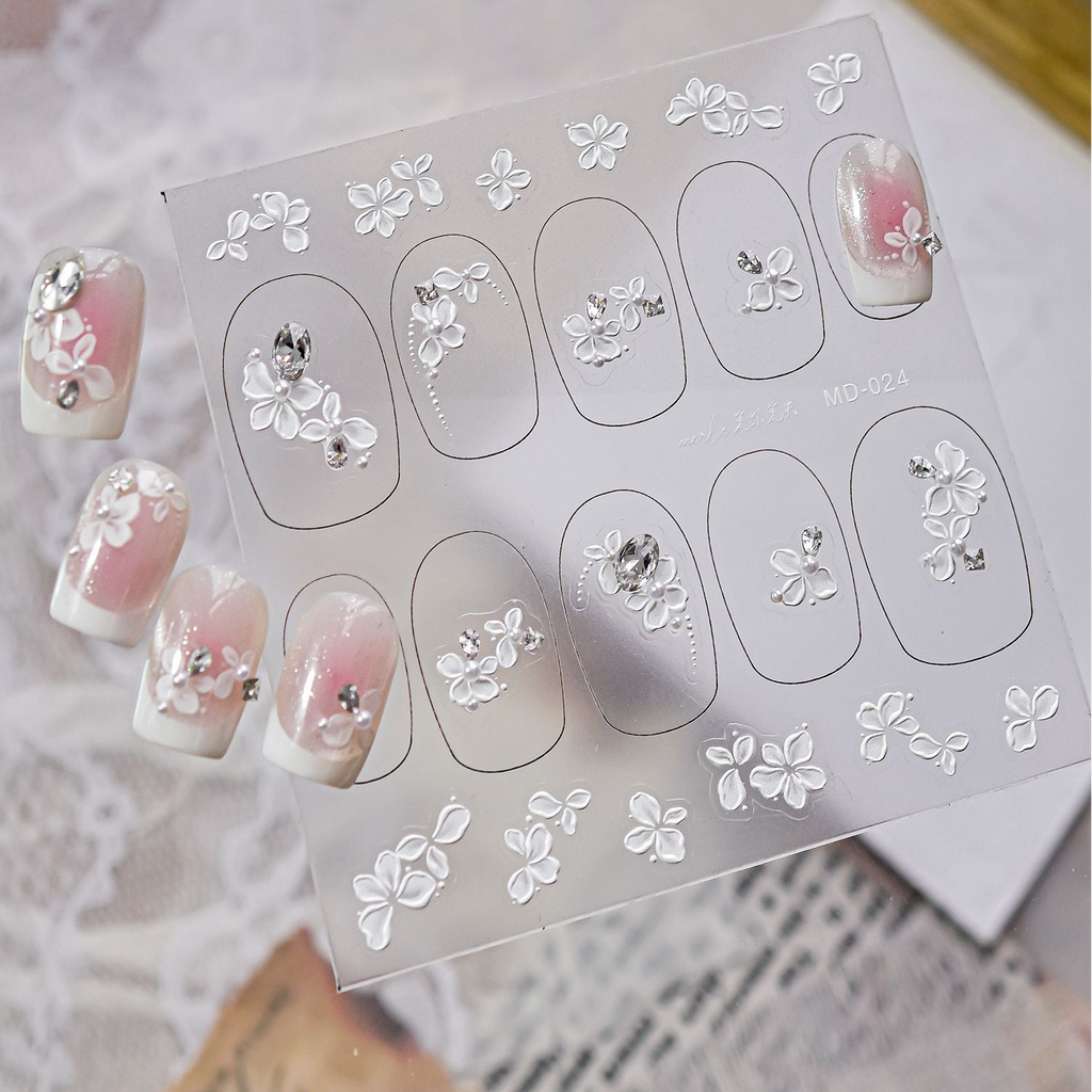 White Floral Rhinestone Nail Stickers – Pre-Arranged Self-Adhesive Nail Gems MD024