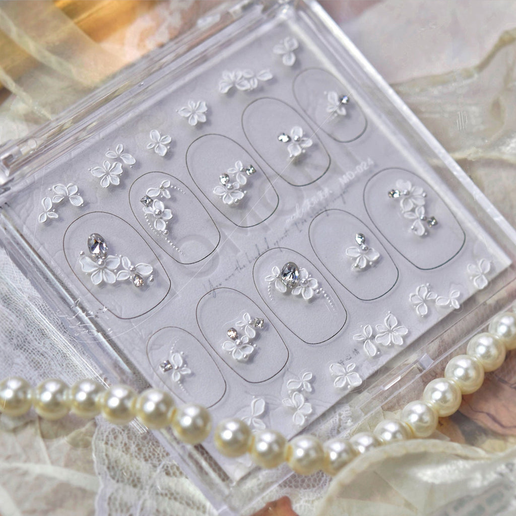 White Floral Rhinestone Nail Stickers – Pre-Arranged Self-Adhesive Nail Gems MD024