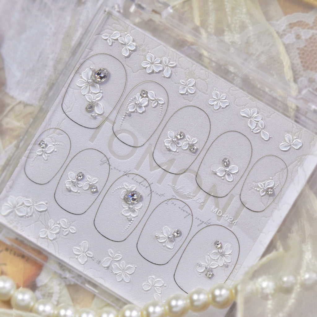 White Floral Rhinestone Nail Stickers – Pre-Arranged Self-Adhesive Nail Gems MD024
