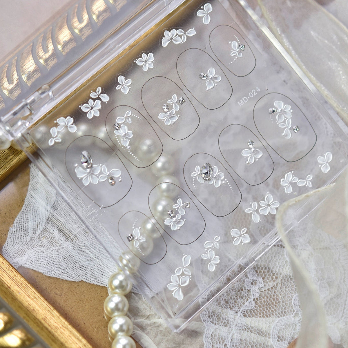 White Floral Rhinestone Nail Stickers – Pre-Arranged Self-Adhesive Nail Gems MD024