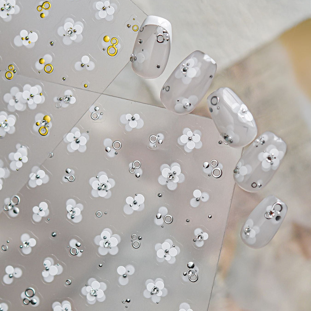 White Flower 3D Nail Stickers - Gold Silver Accent Floral Decals 1022