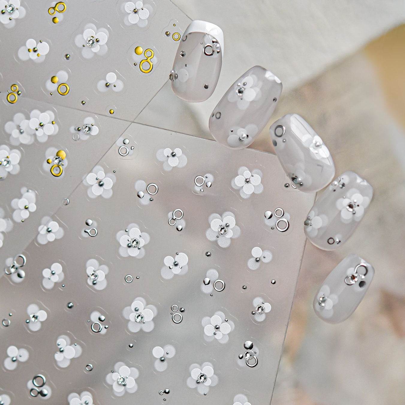 White Flower 3D Nail Stickers - Gold Silver Accent Floral Decals 1022