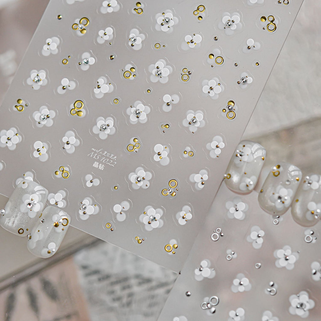 White Flower 3D Nail Stickers - Gold Silver Accent Floral Decals 1022