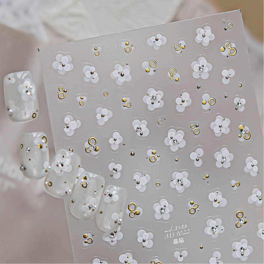 White Flower 3D Nail Stickers - Gold Silver Accent Floral Decals 1022