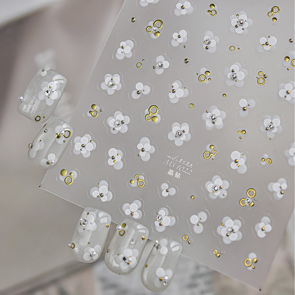 White Flower 3D Nail Stickers - Gold Silver Accent Floral Decals 1022