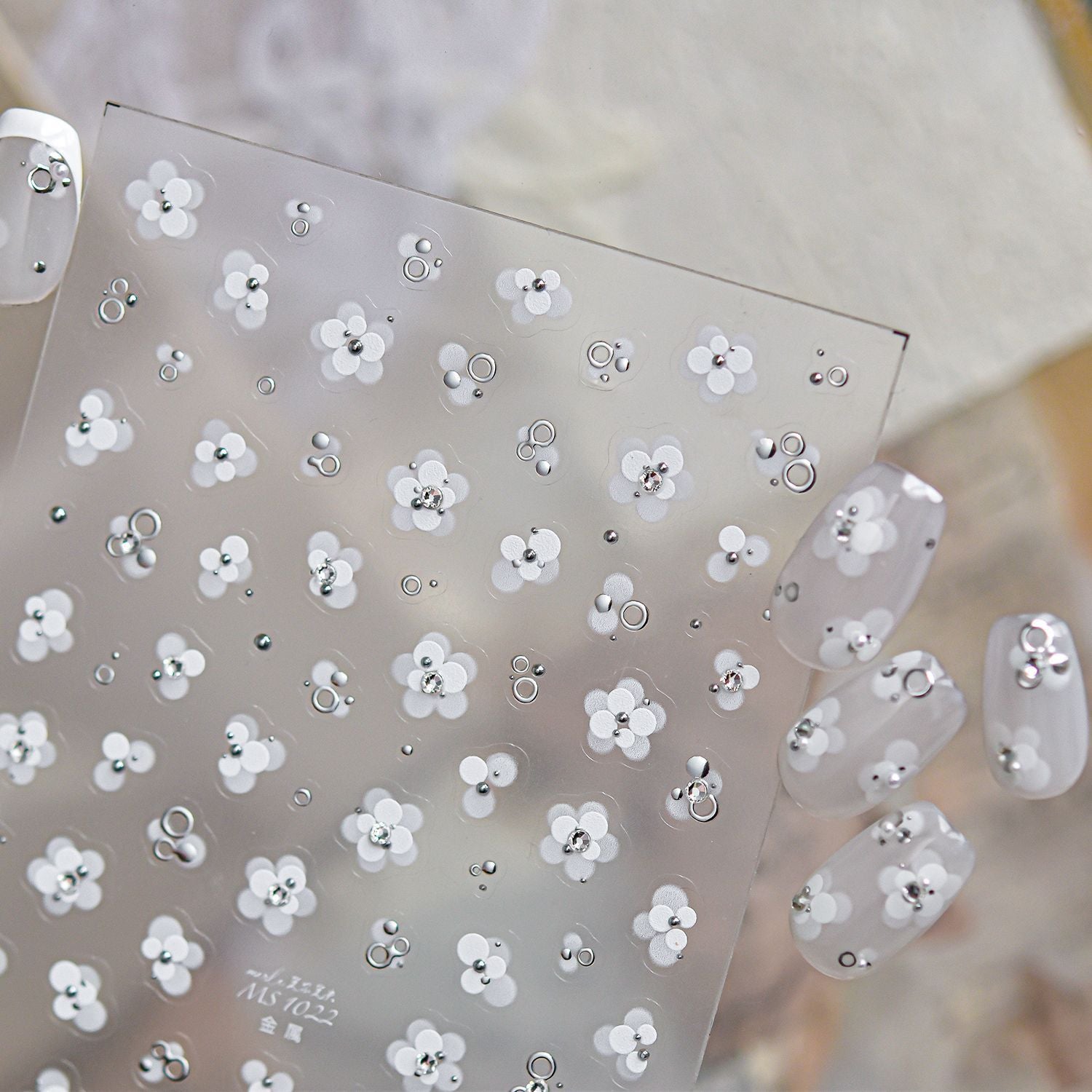White Flower 3D Nail Stickers - Gold Silver Accent Floral Decals 1022