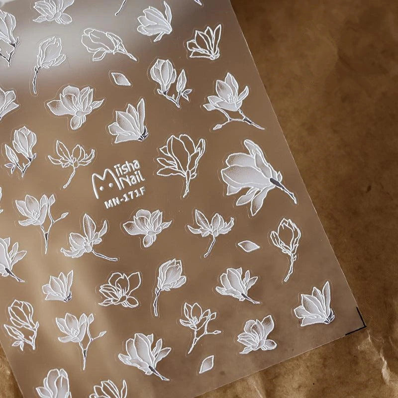 White Flower Leaf Nail Art Stickers Floral Adhesive Embossed Sticker Decals 