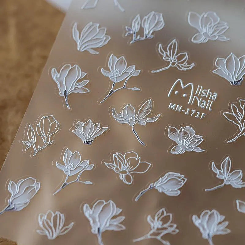 White Flower Leaf Nail Art Stickers Floral Adhesive Embossed Sticker Decals 
