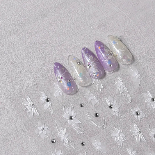 White Flower Nail Art Sticker 5D Bridal Rhinestones Nail Sticker Decals 
