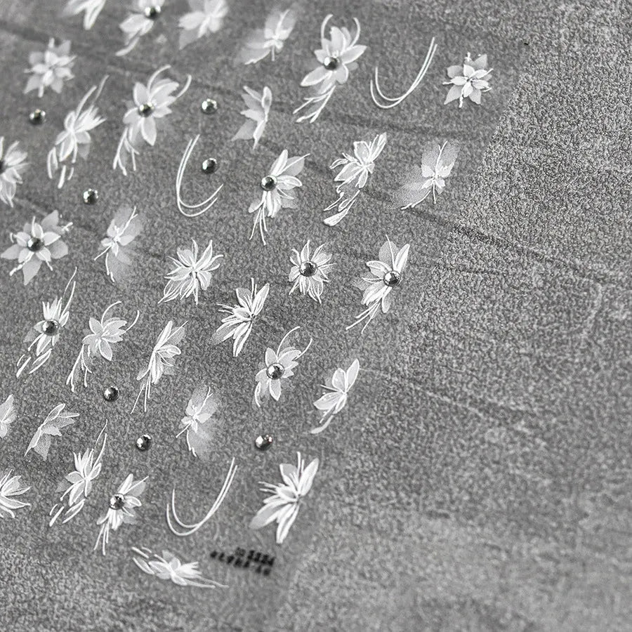 White Flower Nail Art Sticker 5D Bridal Rhinestones Nail Sticker Decals 