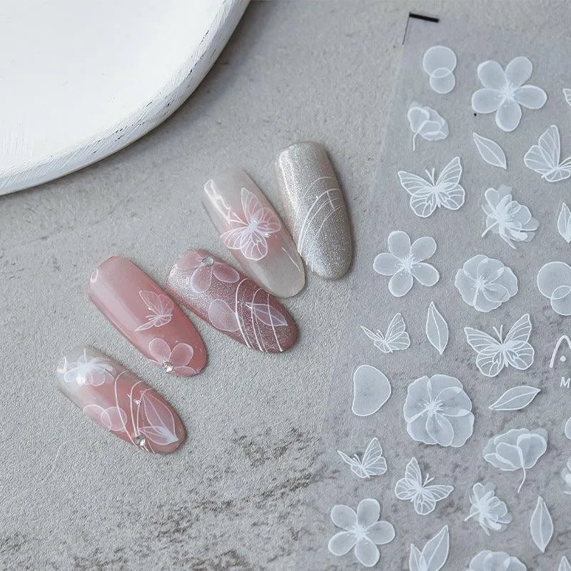 White Flower Nail Art Stickers Adhesive Sliders Leaf Floral Embossed Sticker Decals 