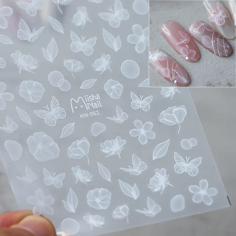 White Flower Nail Art Stickers Adhesive Sliders Leaf Floral Embossed Sticker Decals 