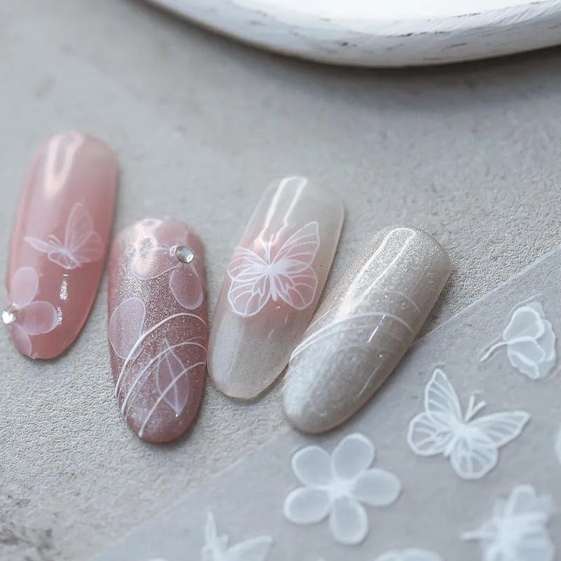 White Flower Nail Art Stickers Adhesive Sliders Leaf Floral Embossed Sticker Decals 