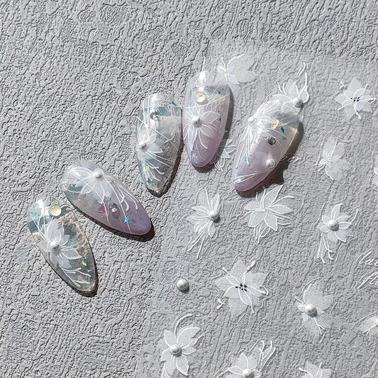White Flower Nail Art Stickers Fantasy Floral with Beads Adhesive Sticker Decals TL102