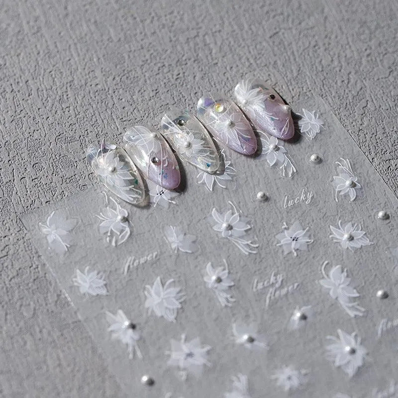 White Flower Nail Art Stickers Fantasy Floral with Beads Adhesive Sticker Decals TL102