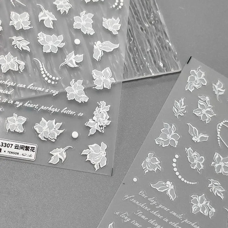 White Flowers Nail Art Stickers Blossom Floral Leaf Embossed Adhesive Sticker Decals 