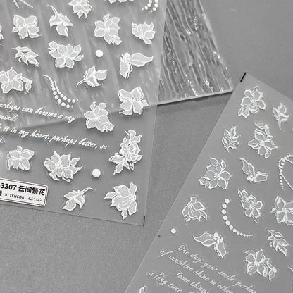 White Flowers Nail Art Stickers Blossom Floral Leaf Embossed Adhesive Sticker Decals 