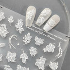 White Flowers Nail Art Stickers Blossom Floral Leaf Embossed Adhesive Sticker Decals 