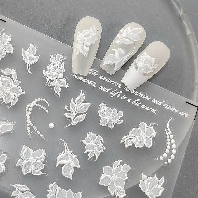 White Flowers Nail Art Stickers Blossom Floral Leaf Embossed Adhesive Sticker Decals 