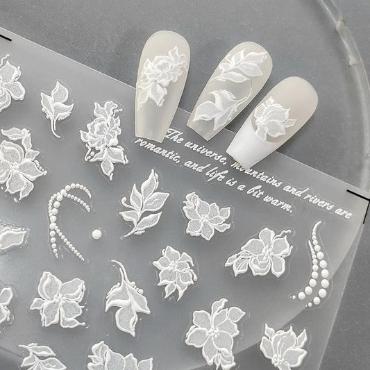 White Flowers Nail Art Stickers Blossom Floral Leaf Embossed Adhesive Sticker Decals 